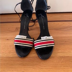 Giuseppe Zanoti Vintage Women's Strappy Heels with Red and Cream Stripe Detail